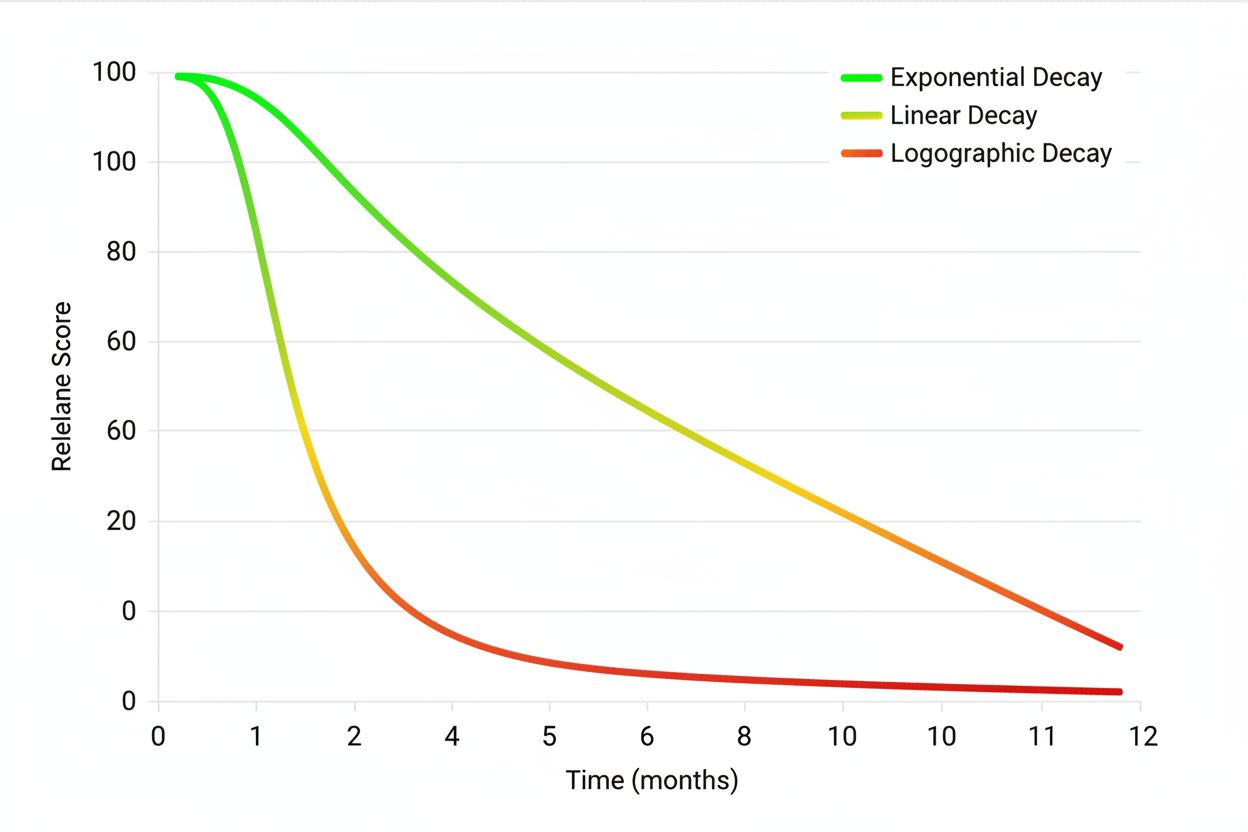 Temporal decay curves showing exponential, linear, and logarithmic decay patterns over 12 months