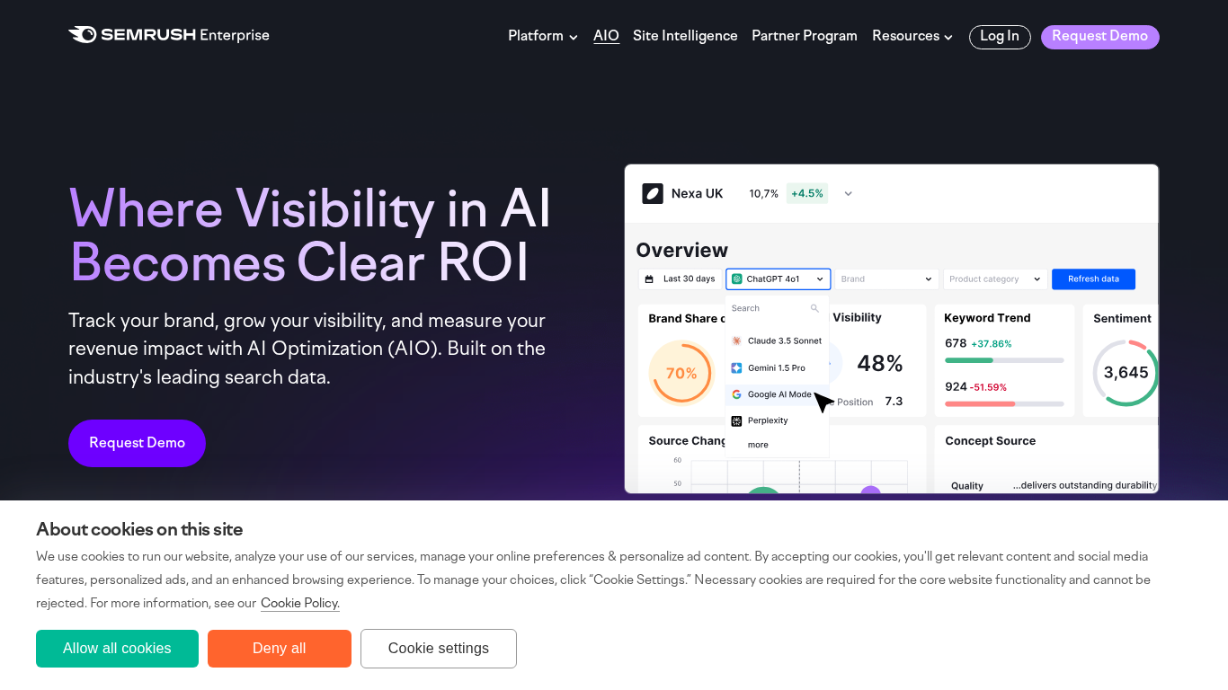 Semrush Enterprise AIO platform homepage showing AI Optimization features