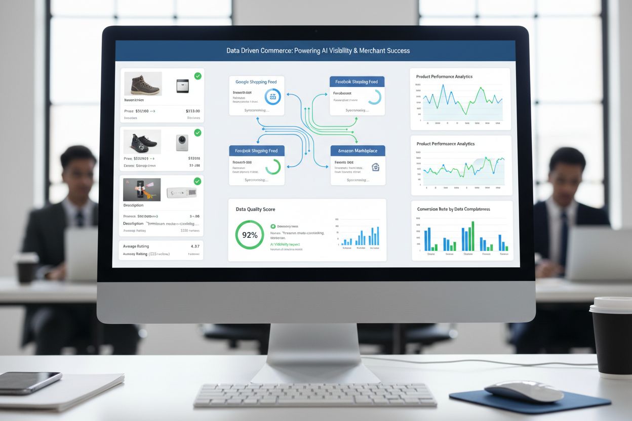 E-commerce merchant dashboard showing product data optimization and synchronization