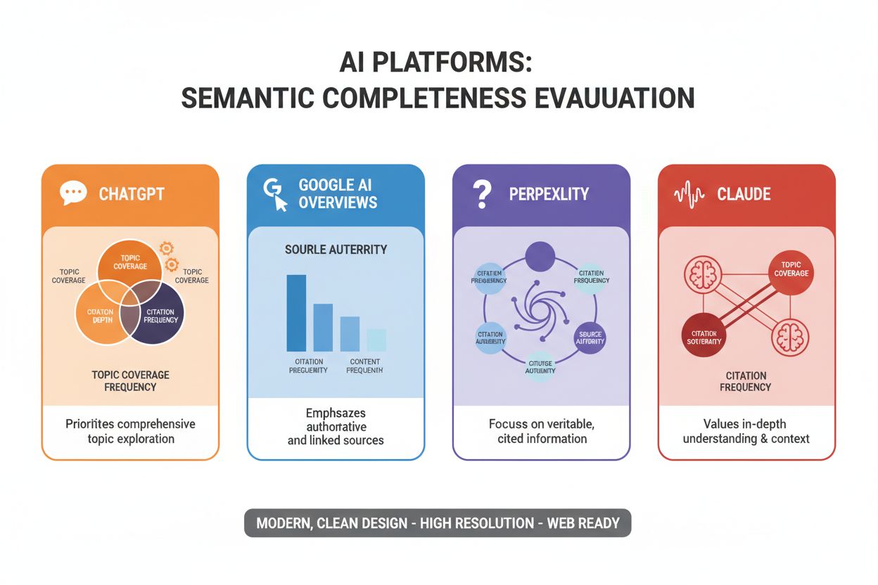 Infografica che mostra come ChatGPT, Google AI Overviews, Perplexity e Claude valutano la completezza semantica