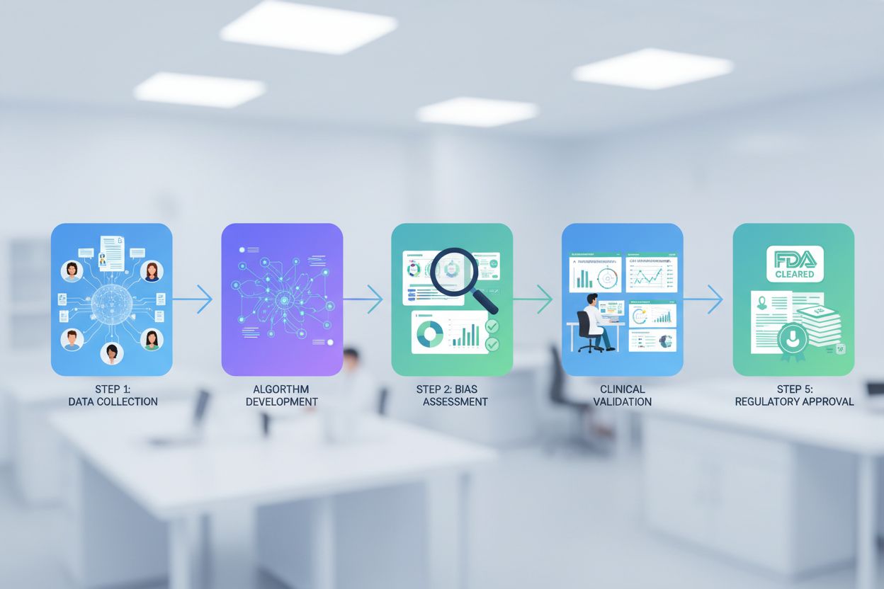 Clinical validation process flowchart showing data collection, algorithm development, bias assessment, clinical validation, and regulatory approval steps