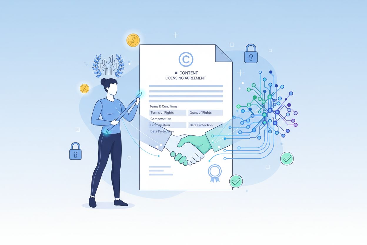 Accordo di licenza dei contenuti AI con protezione del copyright e stretta di mano digitale
