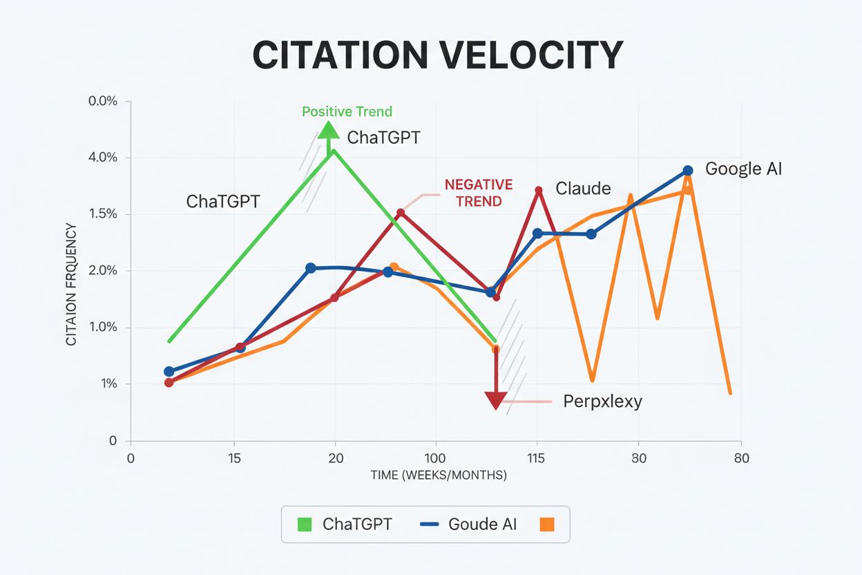 Citation Velocity Trends Dashboard showing positive and negative velocity trajectories across AI platforms