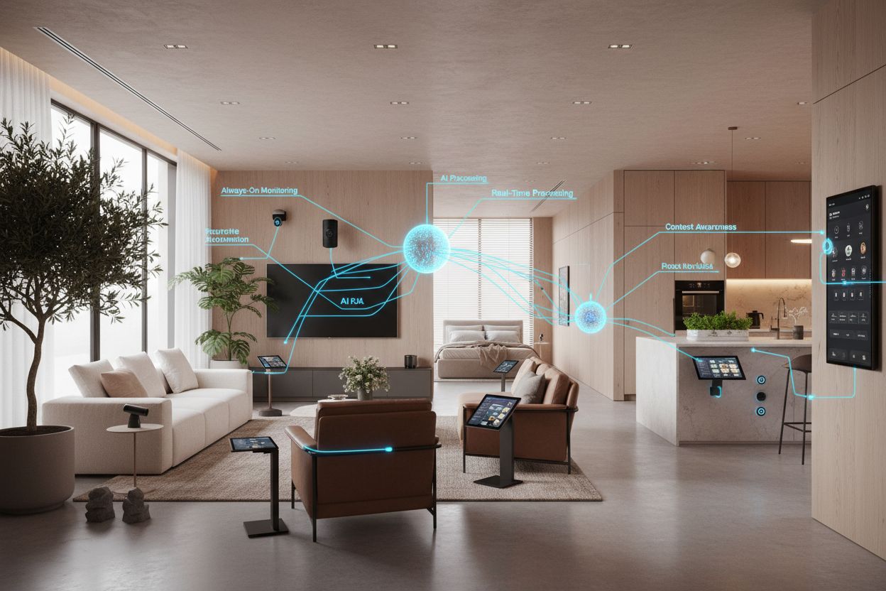 Modern smart home interior with ambient AI system visualization showing data flow, sensors, and real-time processing
