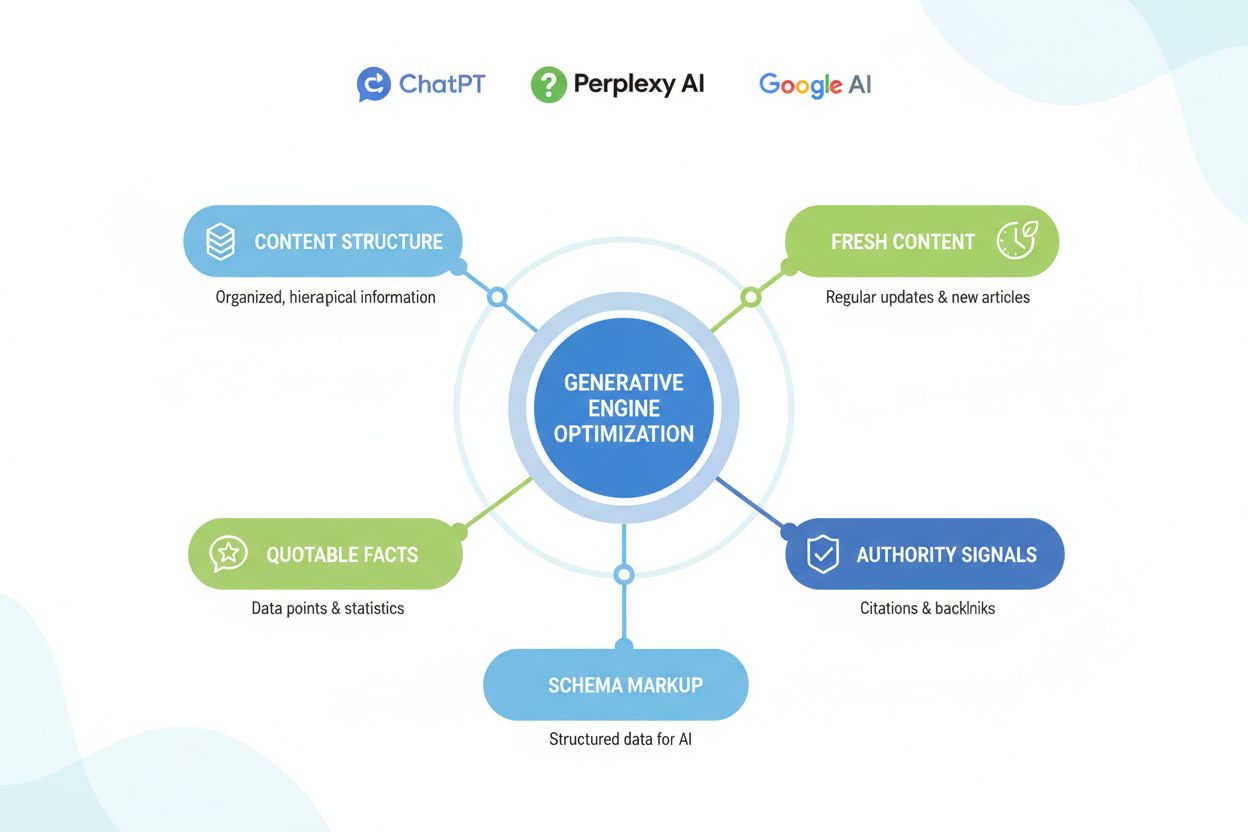 GEO optimization elements infographic showing content structure, quotable facts, authority signals, fresh content, and schema markup