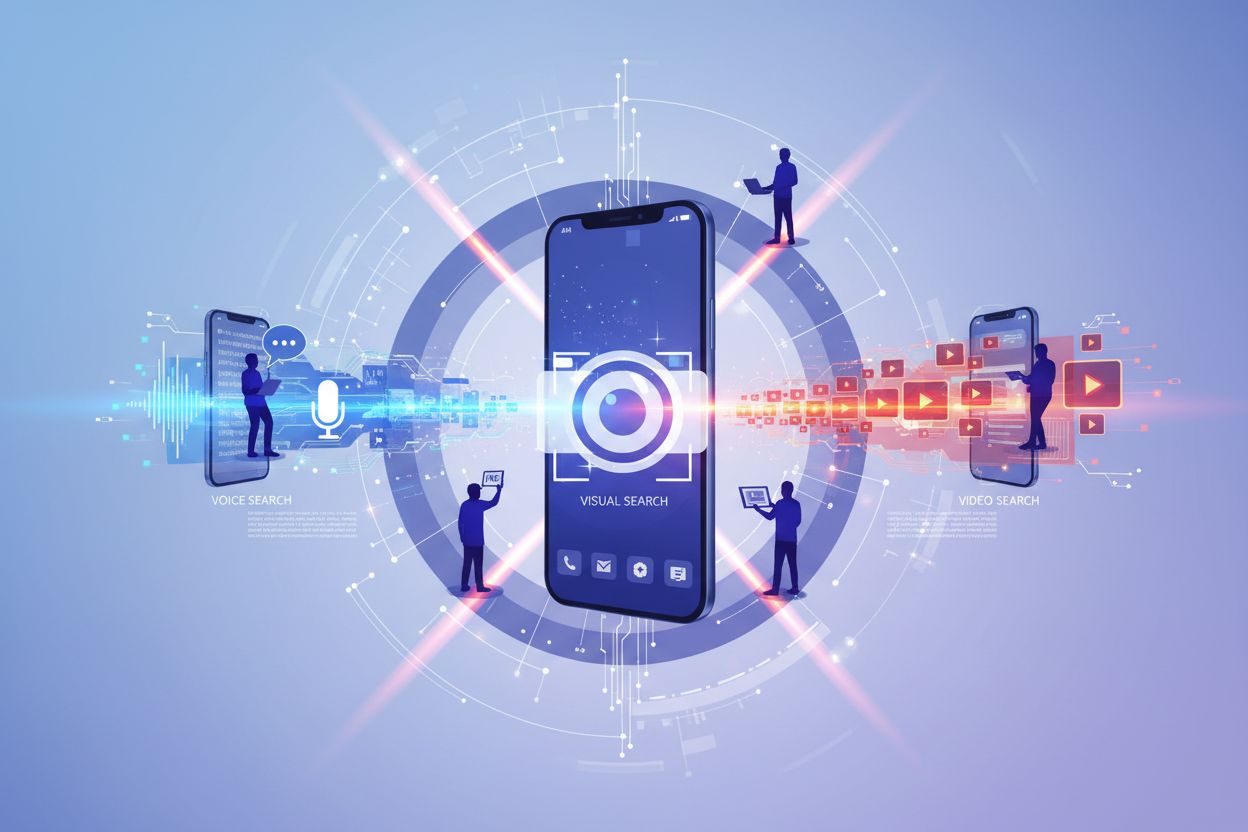 Esperienza di ricerca multimodale che mostra metodi di scoperta tramite voce, visione e video irradiarsi da un dispositivo smartphone centrale