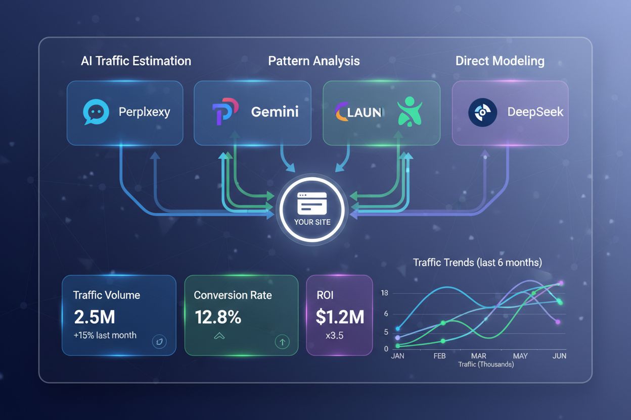 AI Traffic Estimation Dashboard showing ChatGPT, Perplexity, Gemini, Claude and DeepSeek traffic sources with analytics metrics