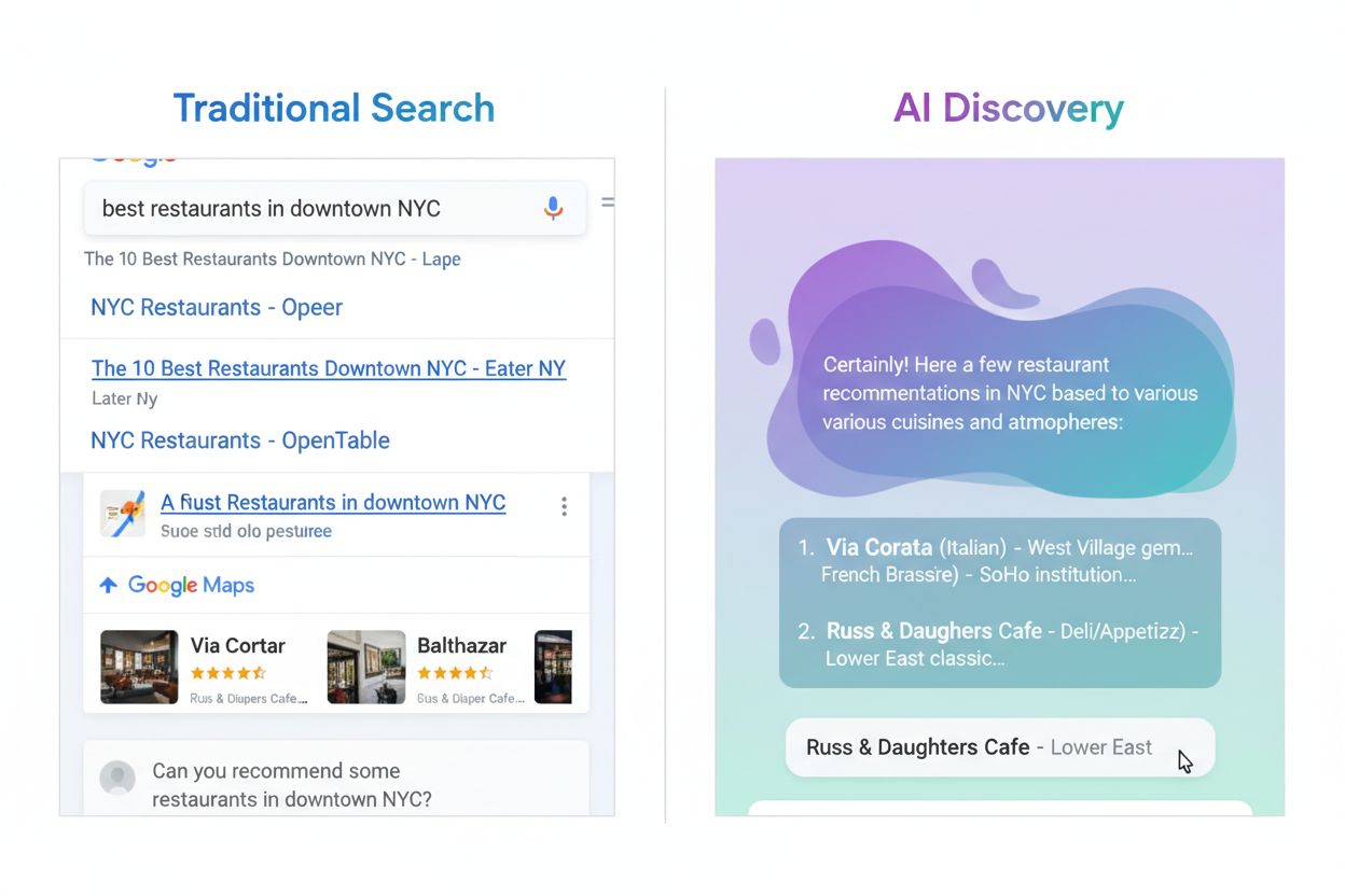 Traditional search results versus AI discovery interface comparison