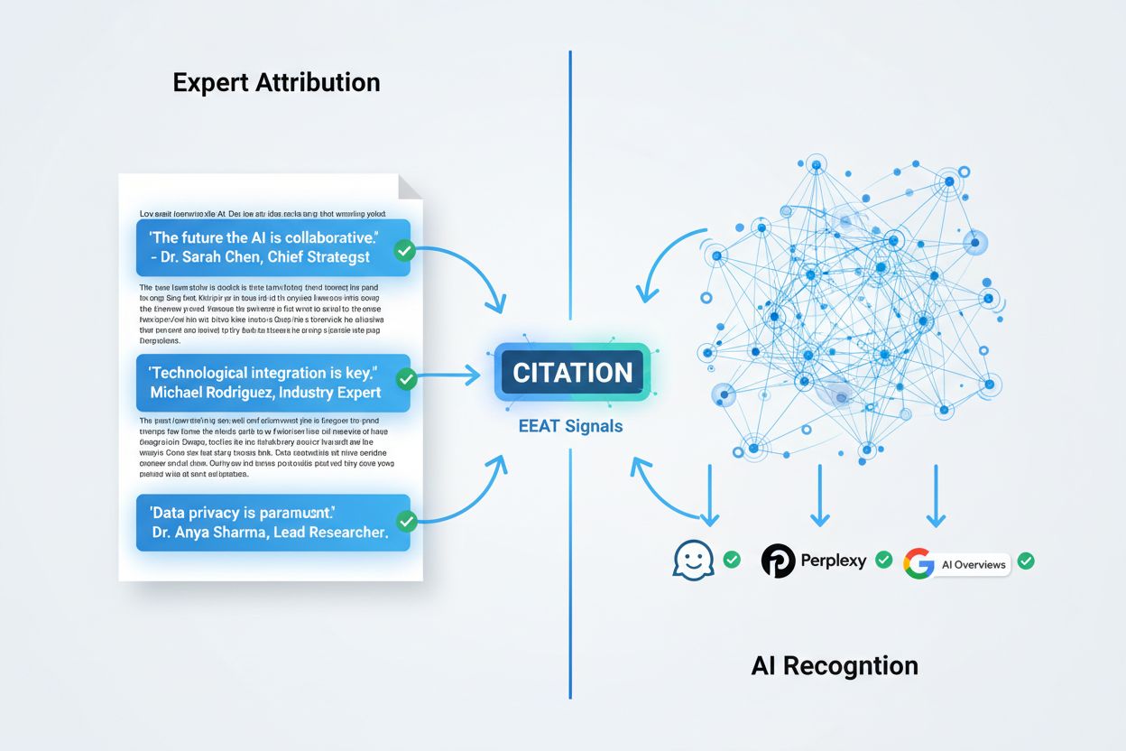 AI citation recognition process showing expert quotes being processed by ChatGPT, Perplexity, and Google AI Overviews