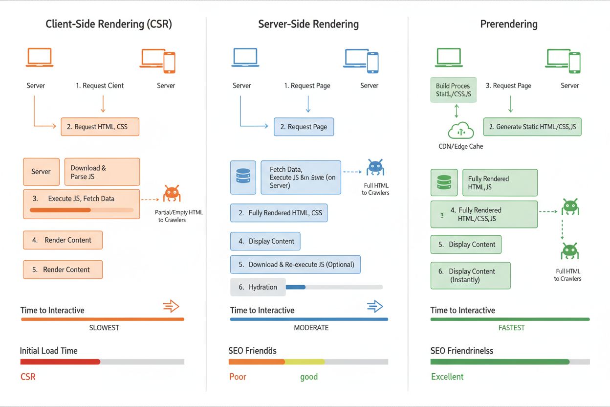 Rendering approaches comparison - CSR, SSR, and Prerendering flow diagram showing how each serves content to AI crawlers