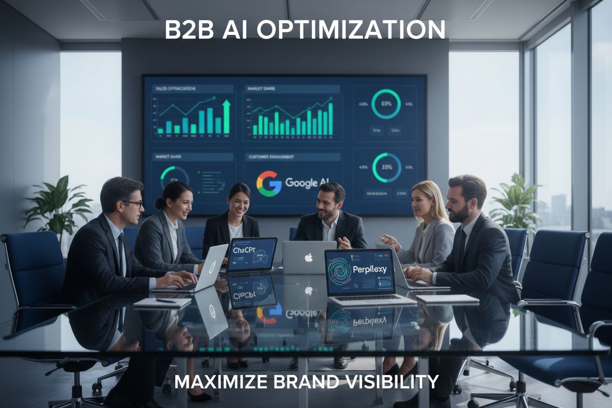 B2B team collaborating on AI optimization strategy with analytics dashboard