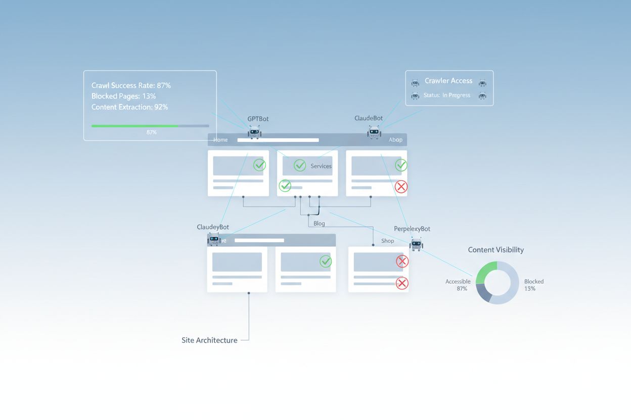AI Accessibility Audit Dashboard showing crawler access metrics and site architecture visualization