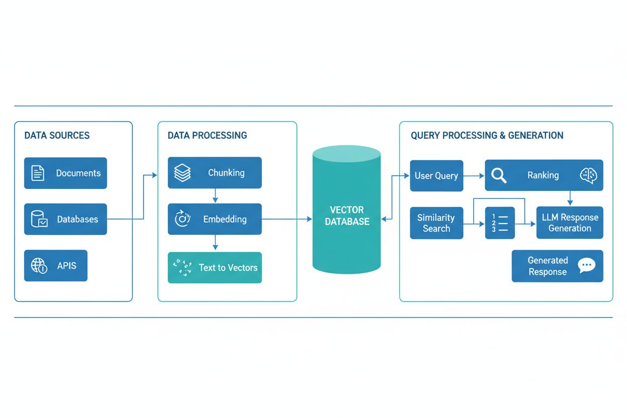 RAG Pipeline architecture showing data flow from sources through processing to generation