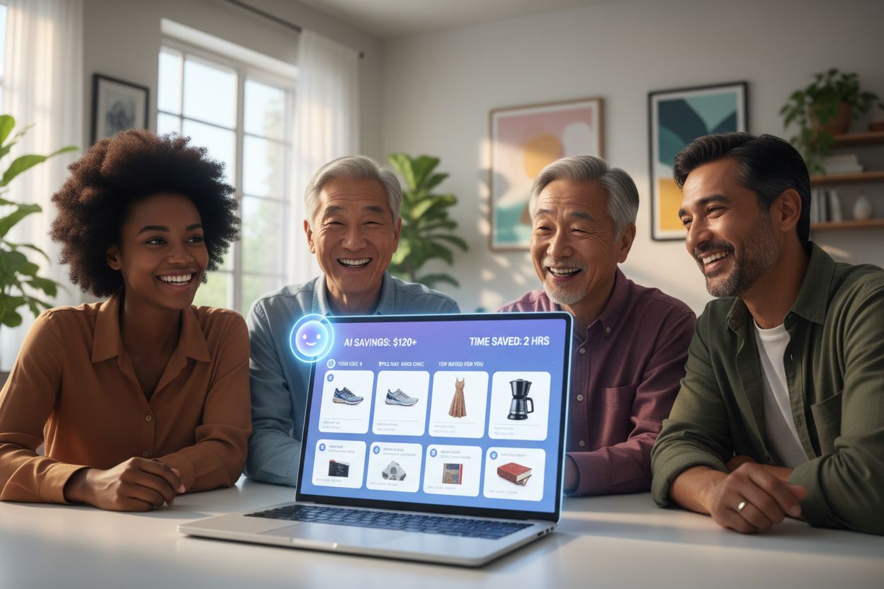 Customer receiving personalized AI shopping recommendations with satisfaction and convenience