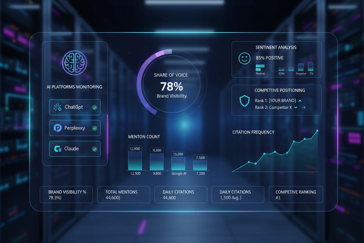 AI visibility monitoring dashboard showing brand mentions and citations across platforms