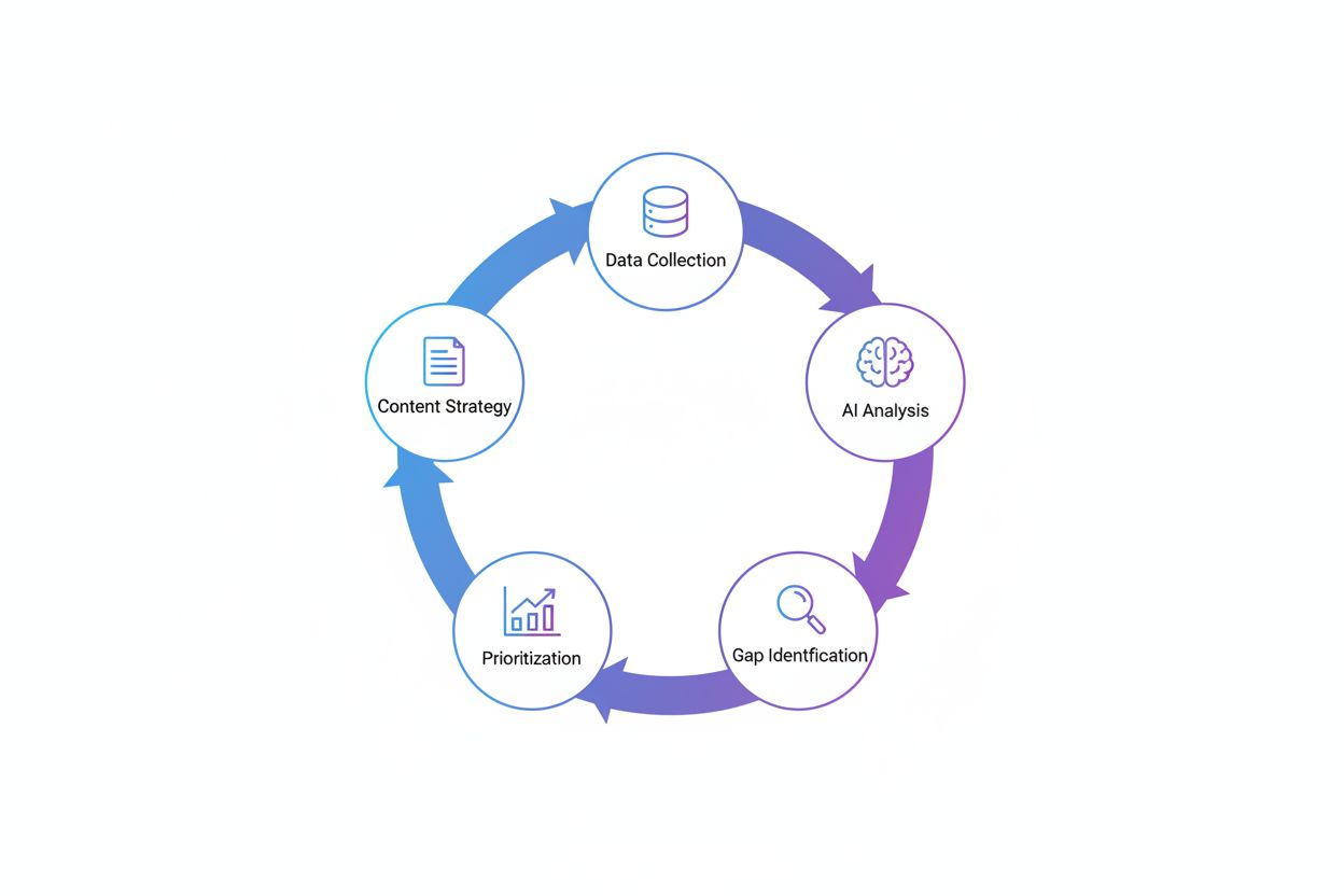 Workflow diagram showing AI content gap analysis process with 5 connected steps