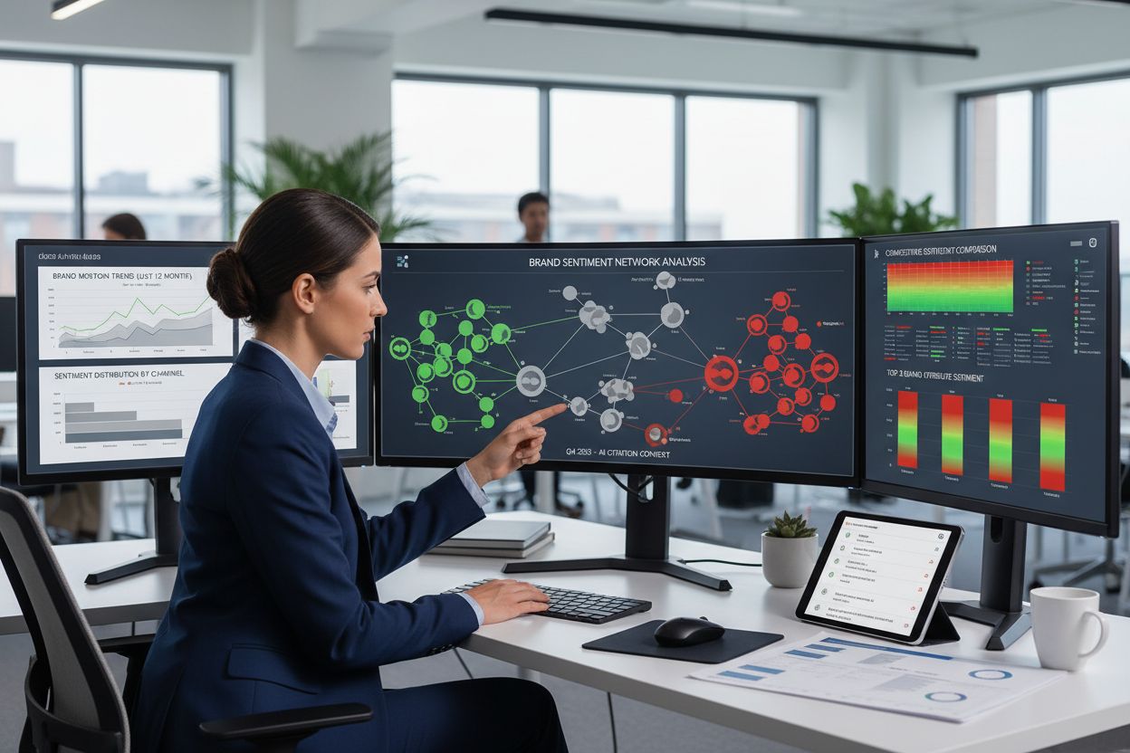 Brand manager reviewing AI citation context analysis report with sentiment charts and competitive data
