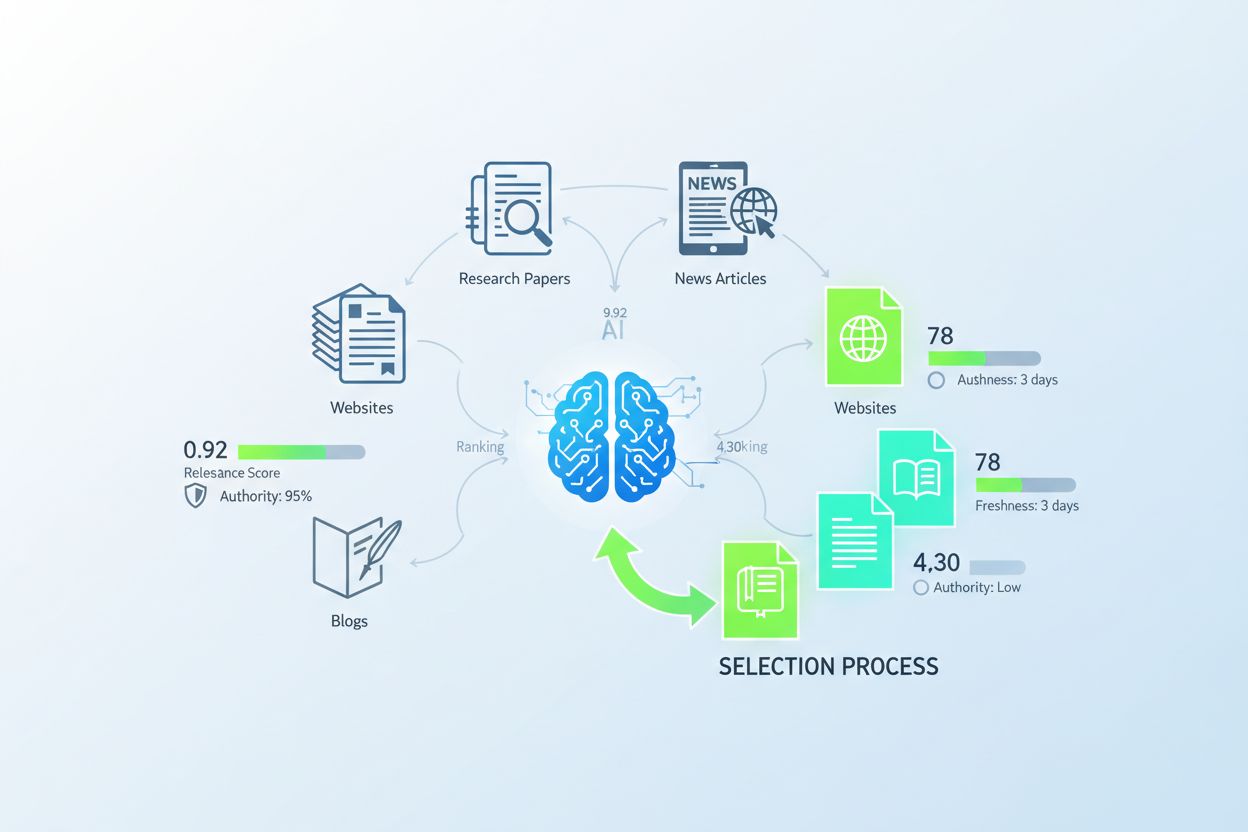 AI system analyzing and selecting sources from multiple documents with relevance scoring