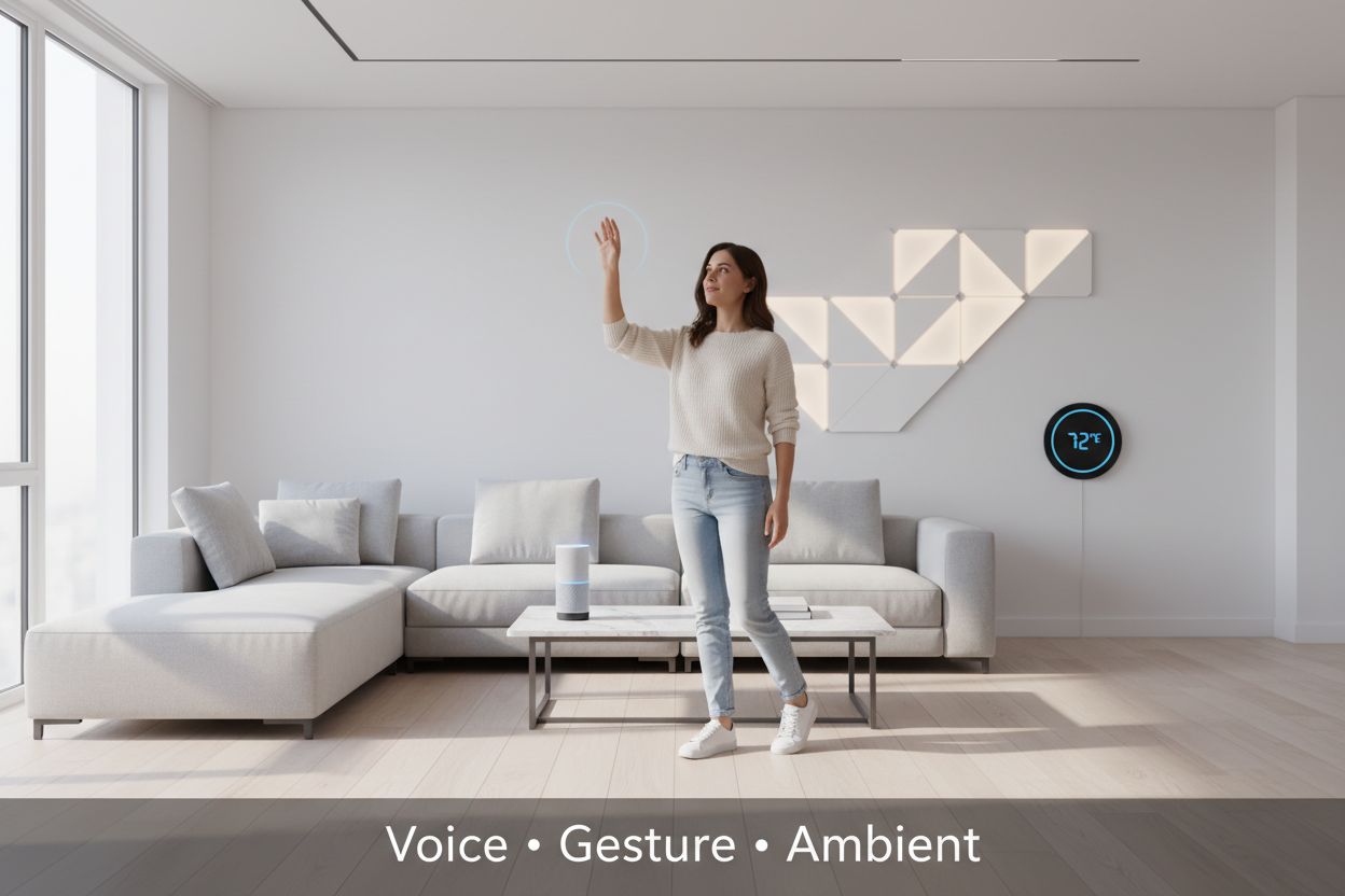 Donna che interagisce con dispositivi smart home tramite comandi vocali e gestuali in un soggiorno moderno