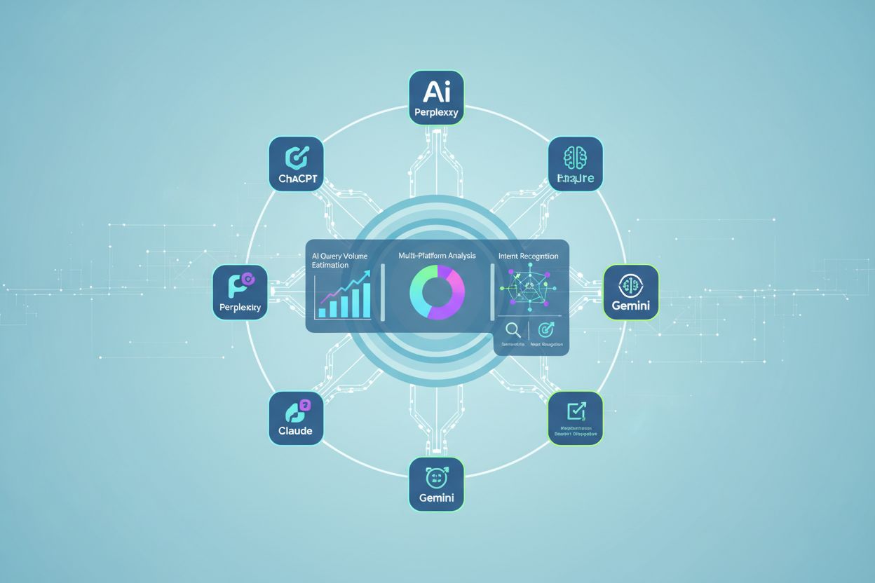 AI Query Volume Estimation concept showing multiple AI platforms connected to central analytics dashboard