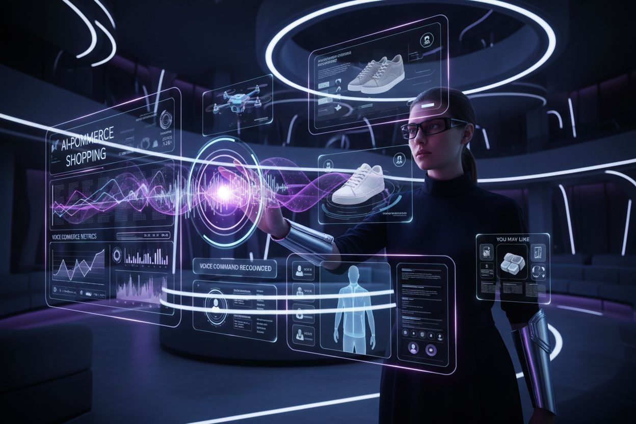 Futuristic e-commerce environment with holographic product displays, voice wave patterns, and AI-powered shopping interface