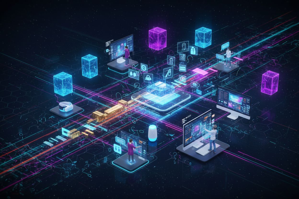 Visualizzazione futuristica dell’ecosistema del commercio mediato dall’AI con agenti AI multipli, dispositivi e flussi di transazione