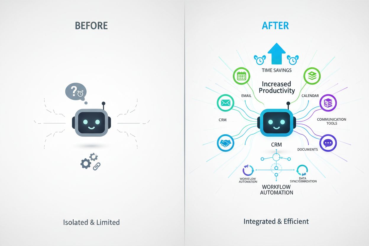 Before and after infographic showing AI ecosystem integration benefits and productivity gains