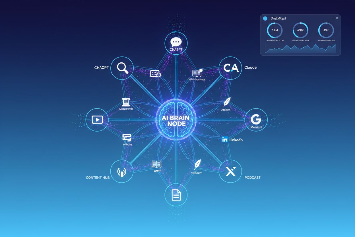 AI-powered content distribution network showing central AI node with connections to multiple platforms