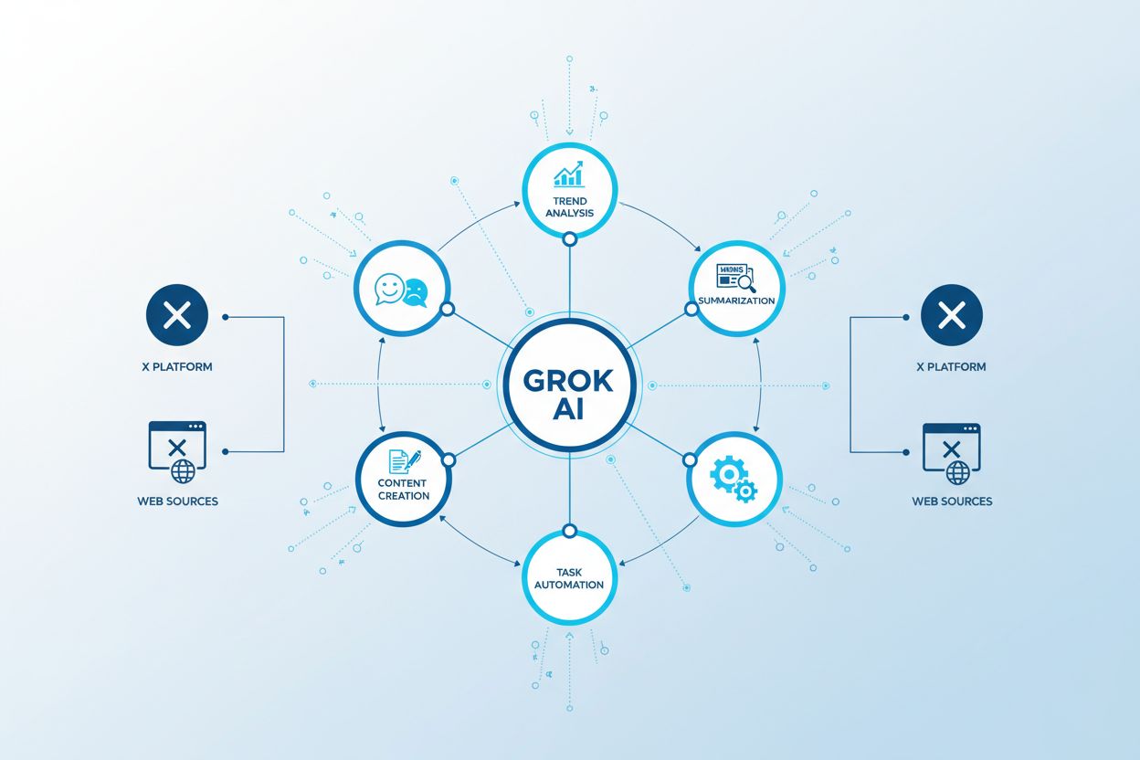 Grok AI capabilities visualization showing trend analysis, sentiment analysis, news summarization, content creation, and task automation