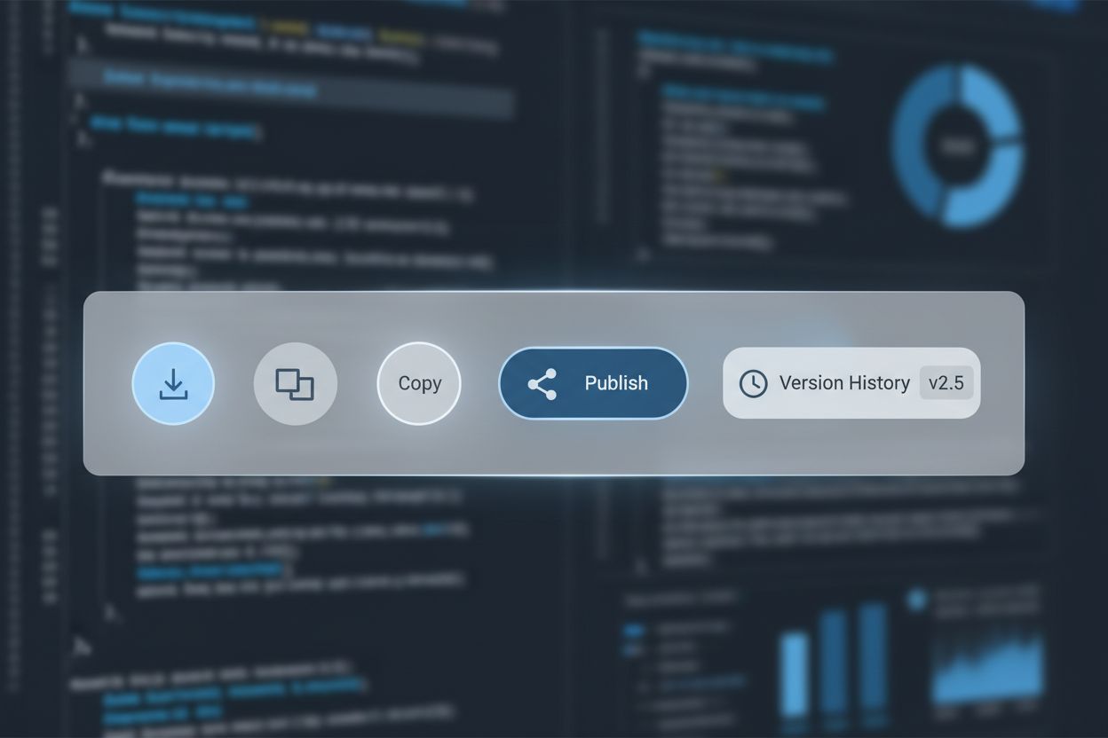 Artifact panel showing export and sharing options with download, copy, publish buttons and version history selector