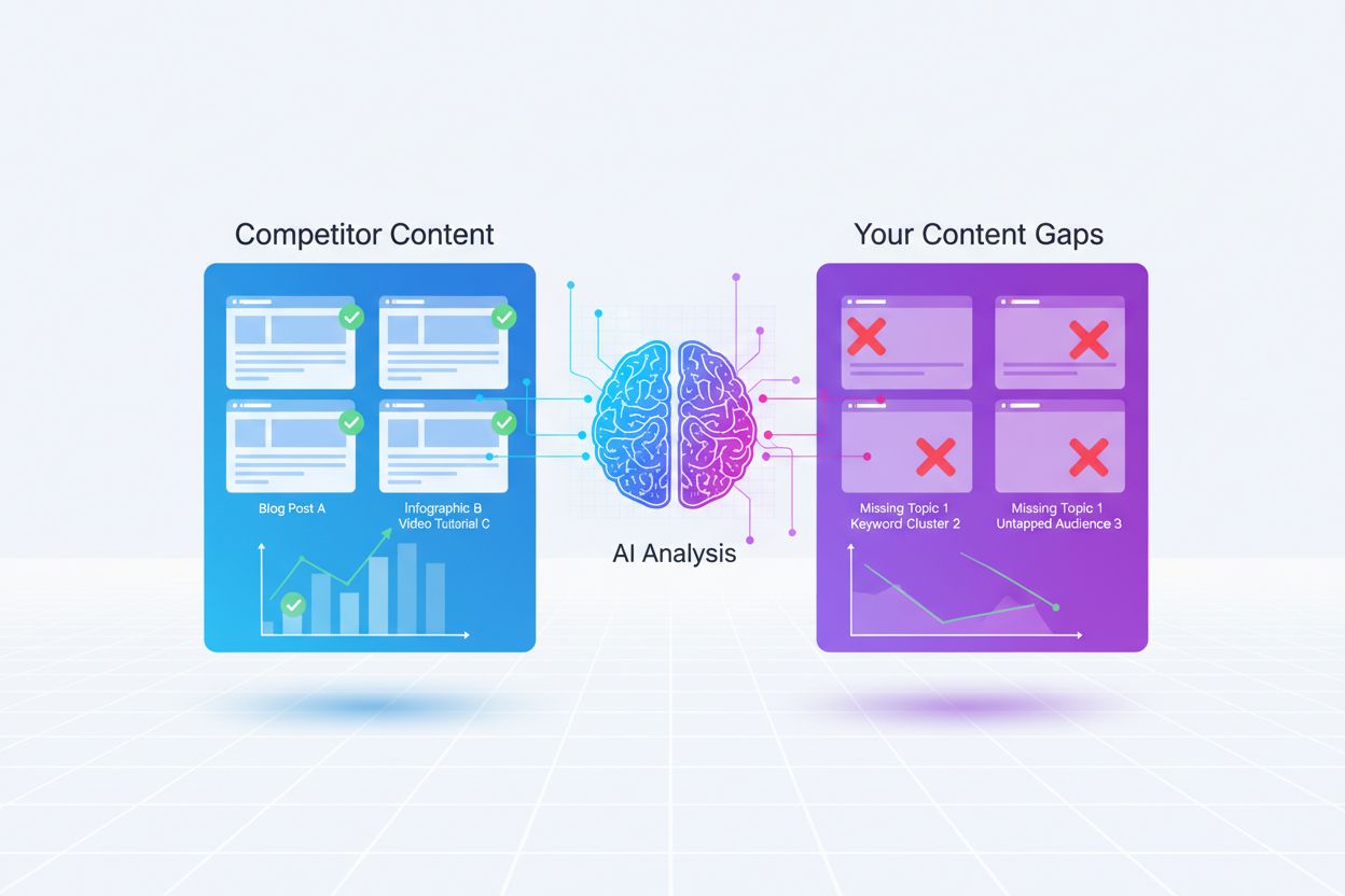 AI system analyzing content gaps with split-screen showing competitor content and missing topics