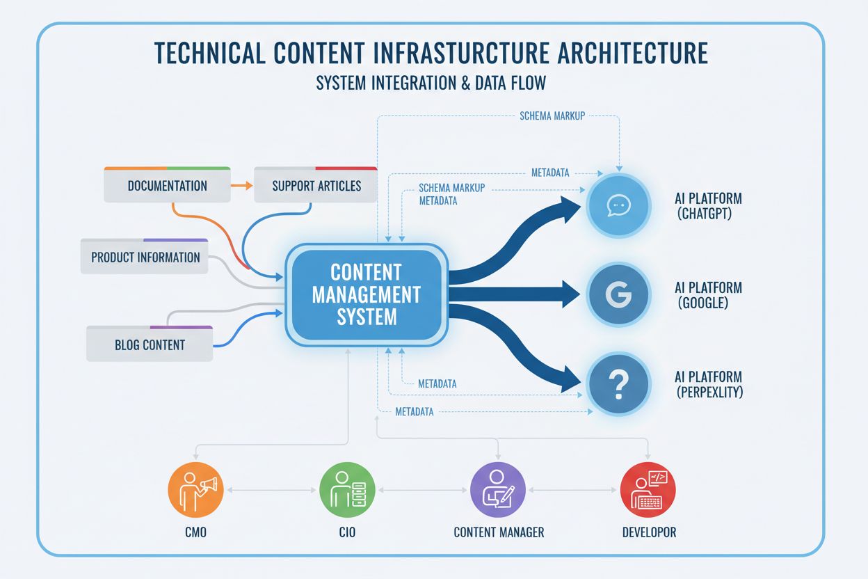 Content Infrastructure Architecture showing interconnected systems, AI platforms, and cross-functional teams