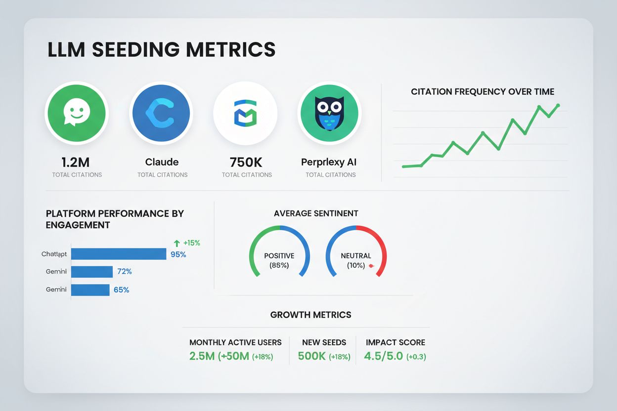 Dashboard di metriche LLM Seeding che mostra il tracciamento delle citazioni su piattaforme IA