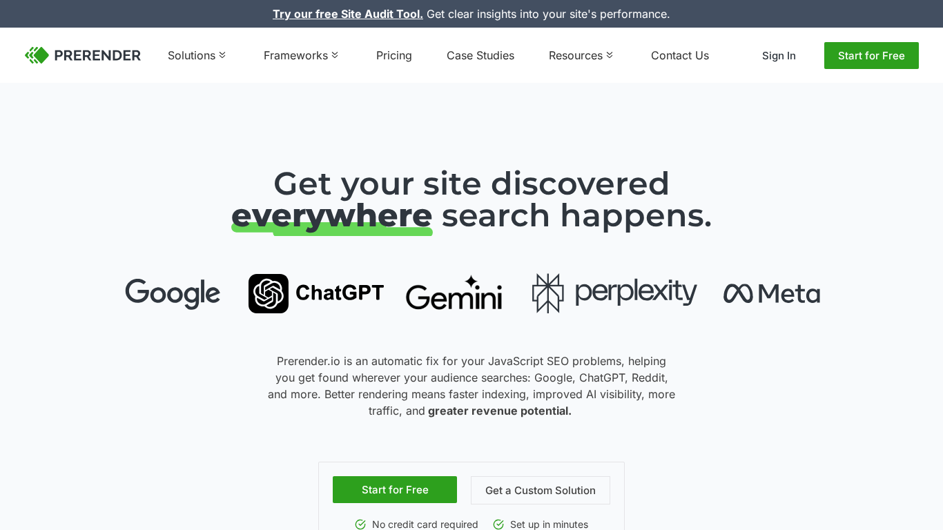 Prerender.io - JavaScript rendering solution for making dynamic content accessible to AI crawlers