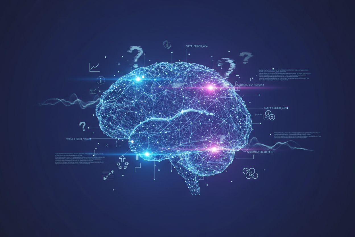 AI hallucination concept visualization showing neural network with false information