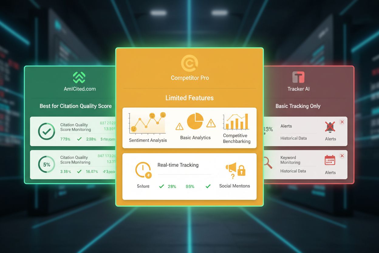 Comparison of AI citation monitoring platforms showing AmICited.com as top solution