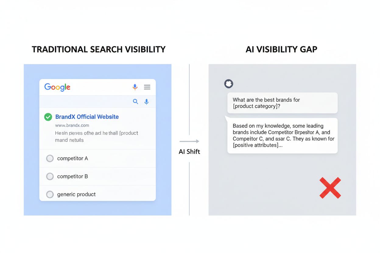 Split-screen comparison showing traditional search rankings versus AI visibility mentions