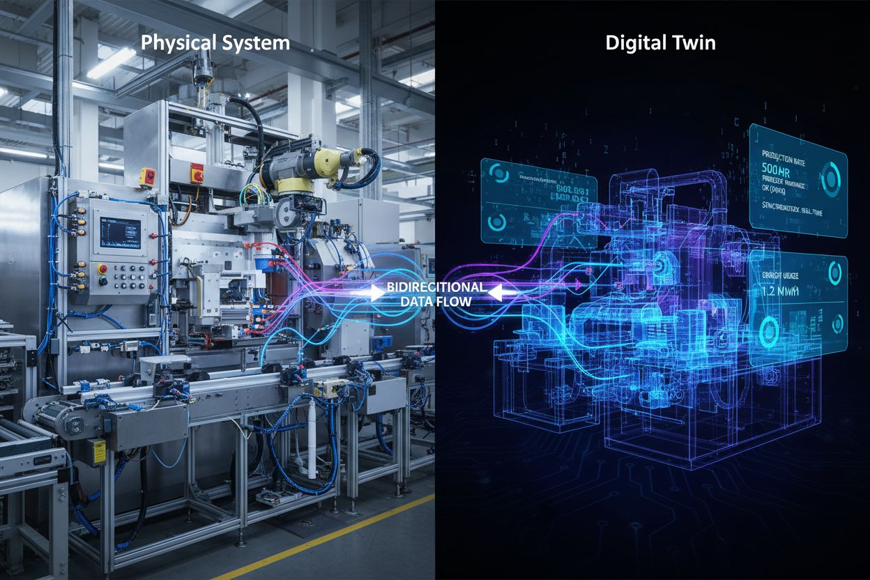 AI Digital Twin concept showing physical system and virtual replica with real-time data synchronization