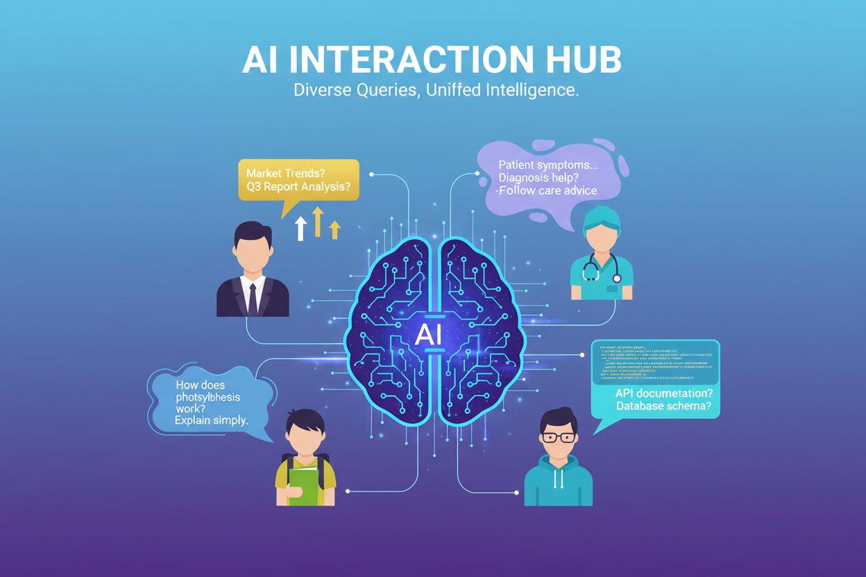 Multiple users asking different questions to a central AI system