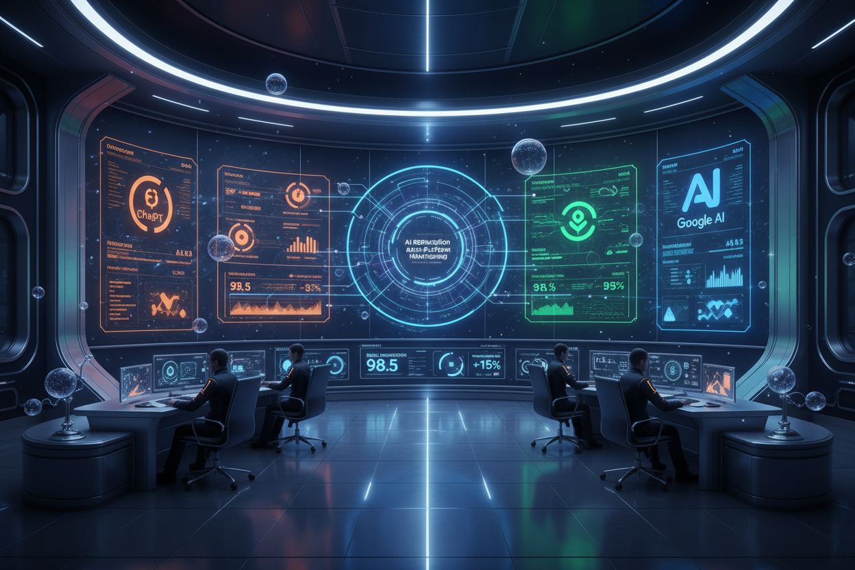 Futuristic brand monitoring command center showing multi-platform AI reputation management and real-time analytics
