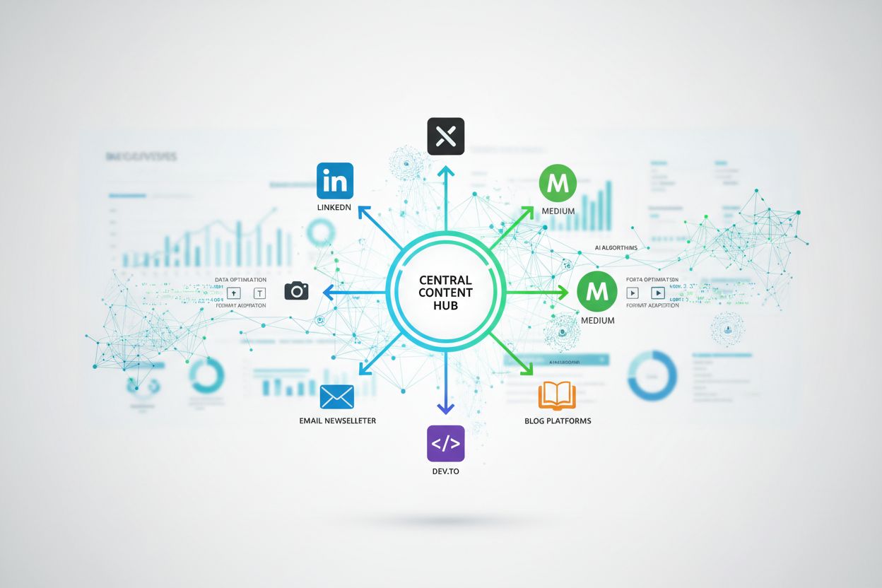 Multi-platform content distribution dashboard with AI neural networks optimizing content flow across LinkedIn, Twitter, Medium, Dev.to, email, and blog platforms