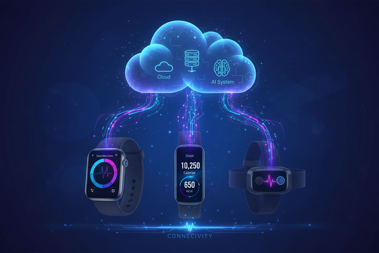 Wearable fitness devices with data visualization showing real-time metrics flowing to AI systems