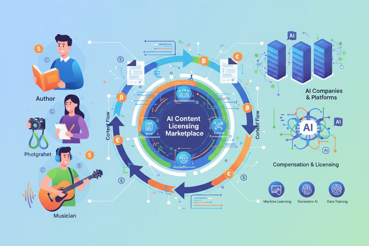Ecosistema dei marketplace di licenza dei contenuti AI con creatori, piattaforme e aziende di IA