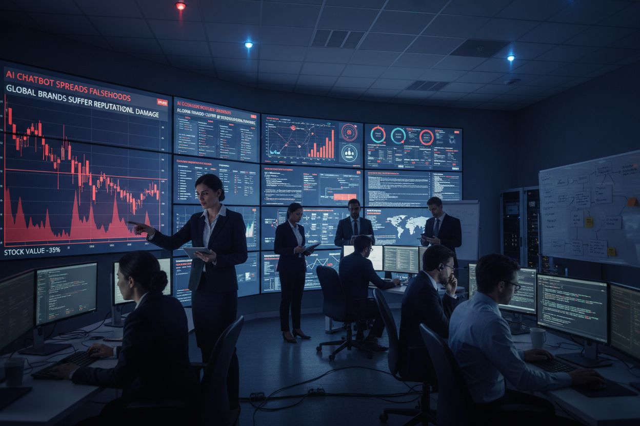 Corporate crisis management center with team responding to AI defamation incident