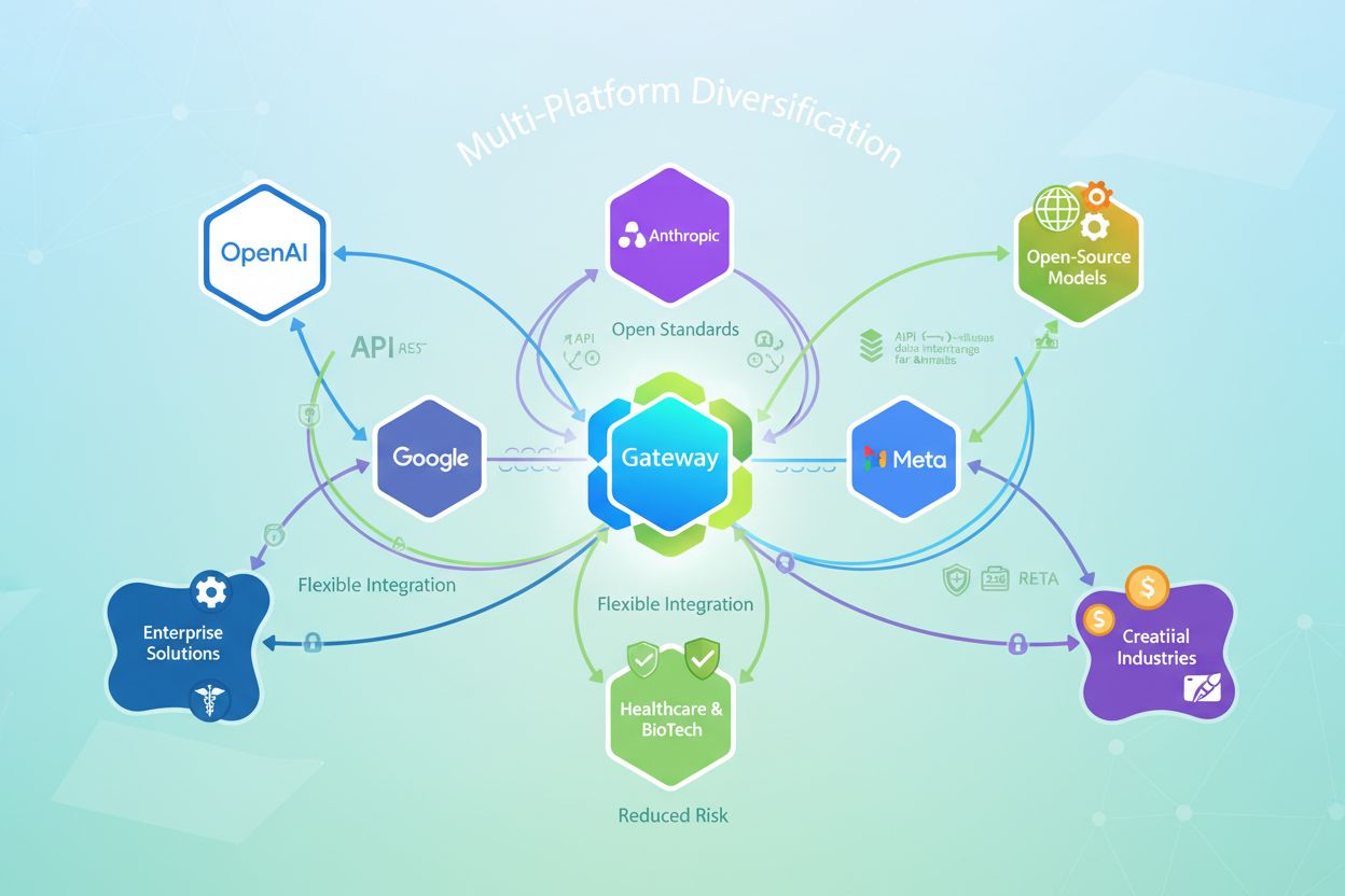 Prepojený ekosystém AI platforiem znázorňujúci viacero poskytovateľov prepojených cez otvorené štandardy a jednotnú bránu