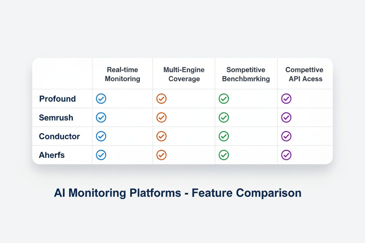 Feature comparison matrix of AI competitor audit tools including Profound, Semrush AIO, Conductor, and Ahrefs