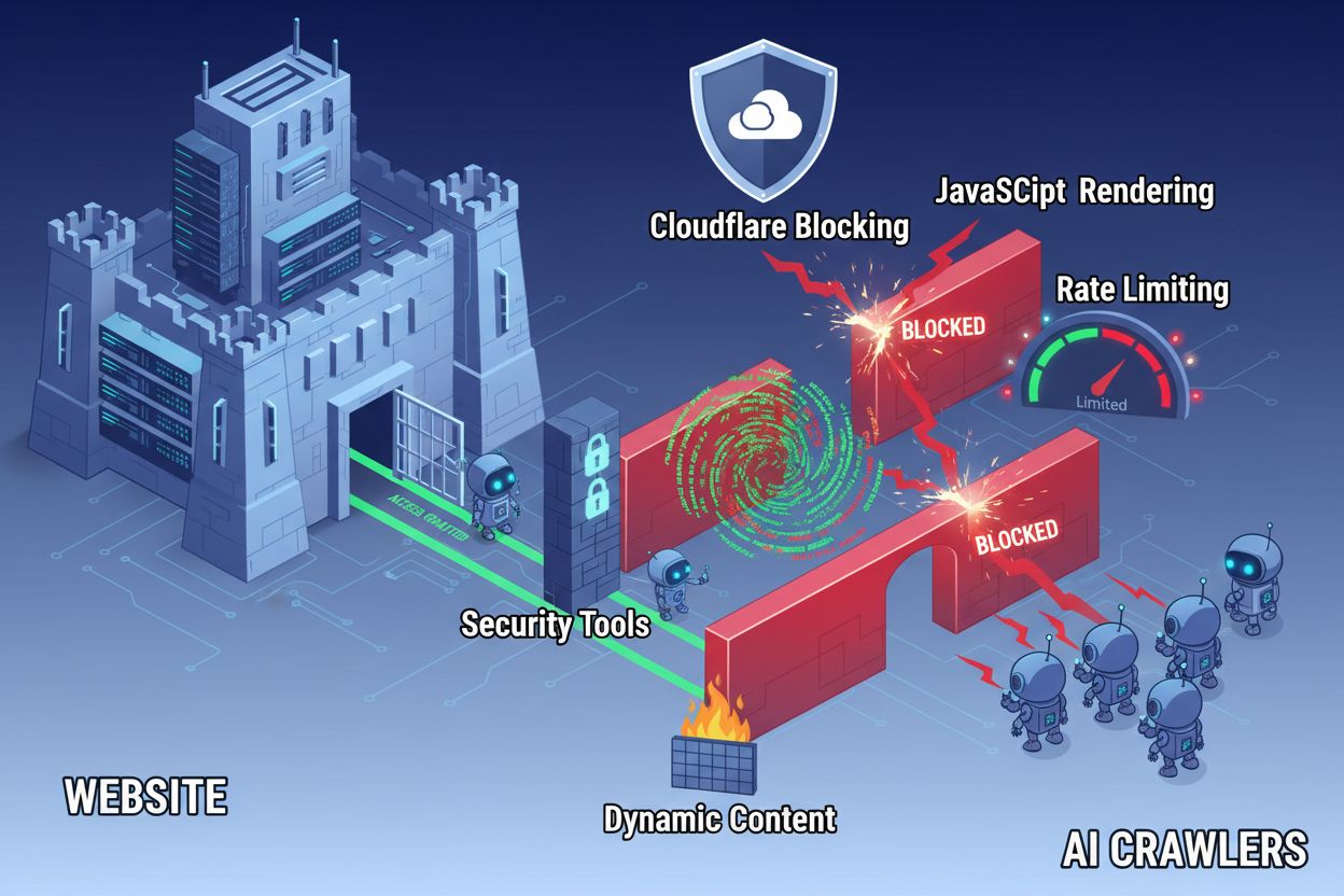 Technical barriers blocking AI crawler access showing Cloudflare, JavaScript, and security walls