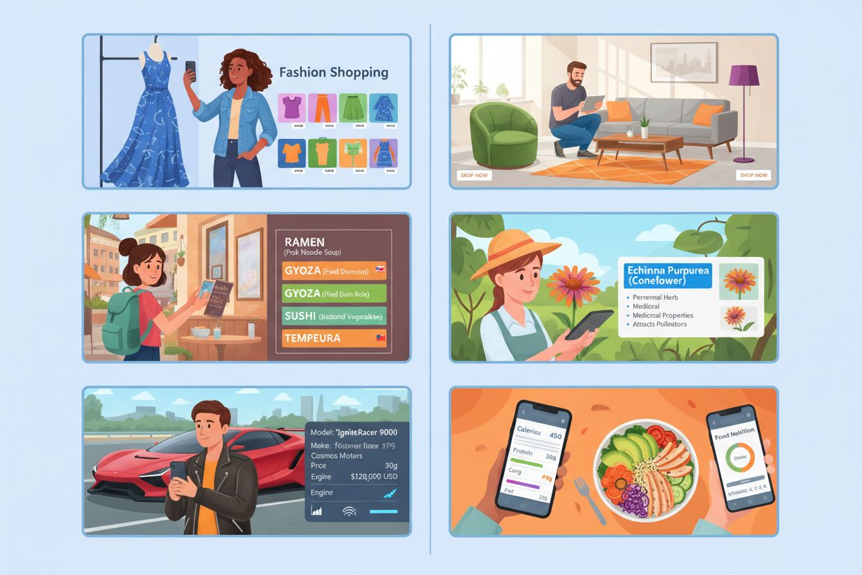 Real-world applications of visual AI search including fashion, home decor, travel, and food