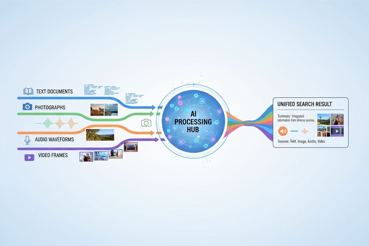 Multimodal AI search architecture showing data flow from text, image, audio, and video inputs into a central processing hub