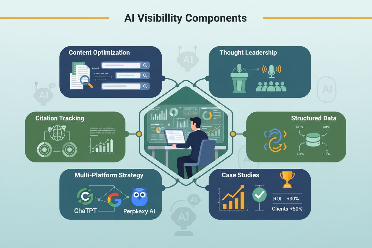 AI visibility components infographic showing content optimization, thought leadership, citation tracking, structured data, multi-platform strategy, and case studies